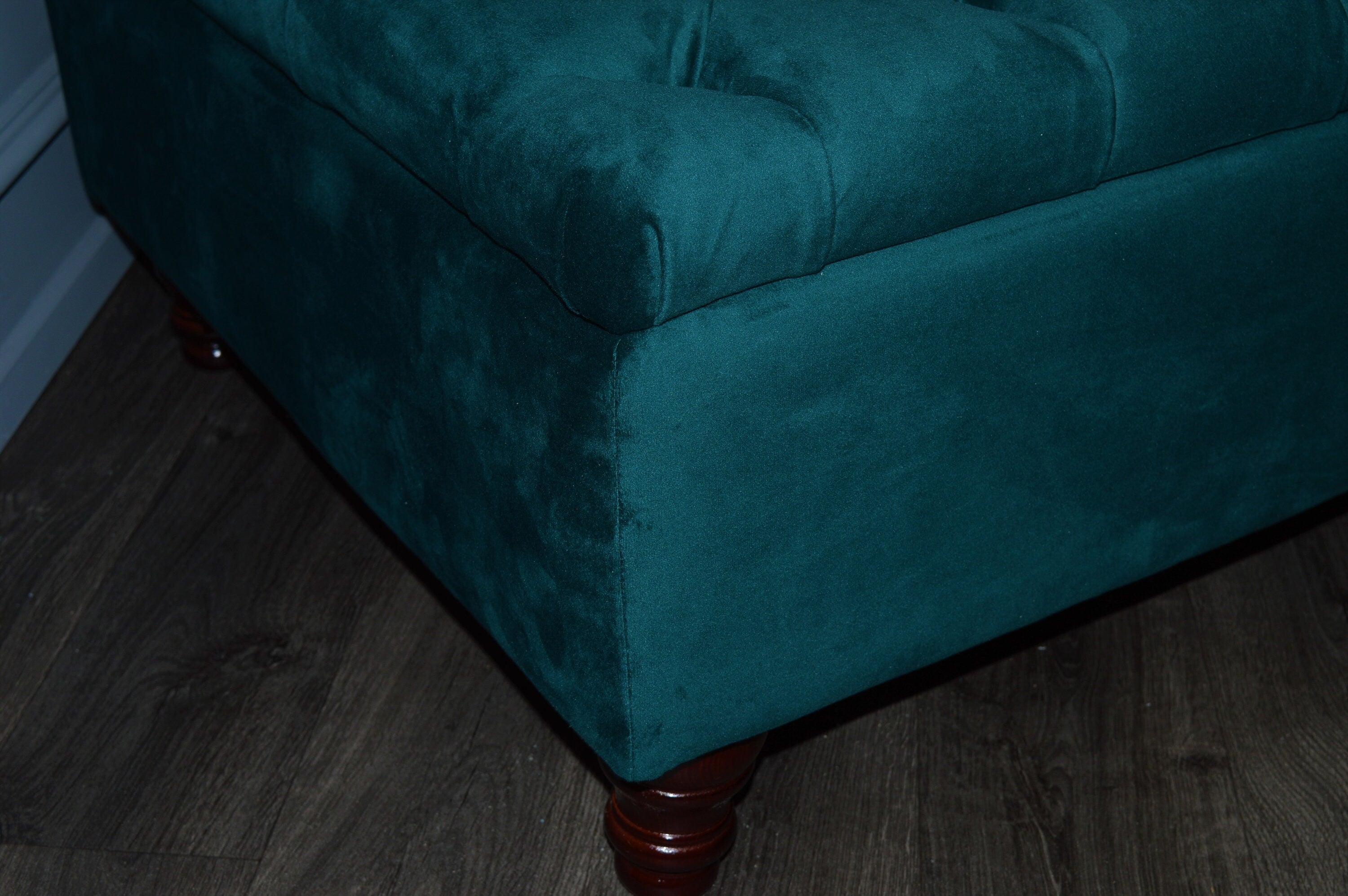 Chesterfield Deep Buttoned Storage Ottoman Footstool in Teal Velvet With Mahogany Turned Hard Wood Legs