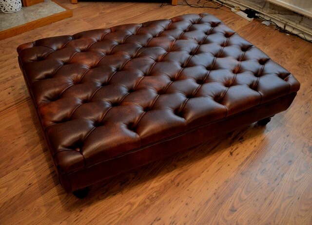 Chesterfield Extra Large Deep Buttoned Footstool in Premium Chestnut Faux Leather With Mahogany Turned Hardwood Legs