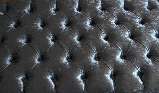 Chesterfield Style Deep Buttoned Footstool in Silver Crushed Velvet With Mahogany Legs