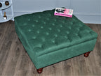 Chesterfield Square Storage Footstool Ottoman in Soft Alpaka Hunter Green Fabric With Mahogany Turned Hardwood Legs