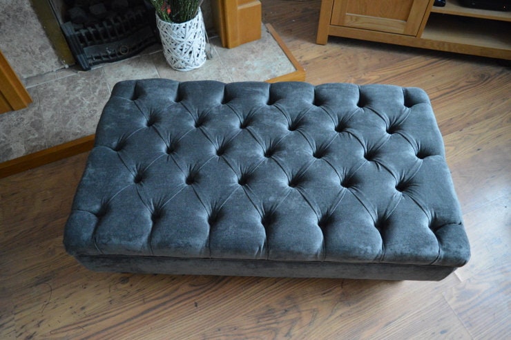 Chesterfield Deep Buttoned Footstool in  Crush Charcoal Fabric With Turned Wood Legs