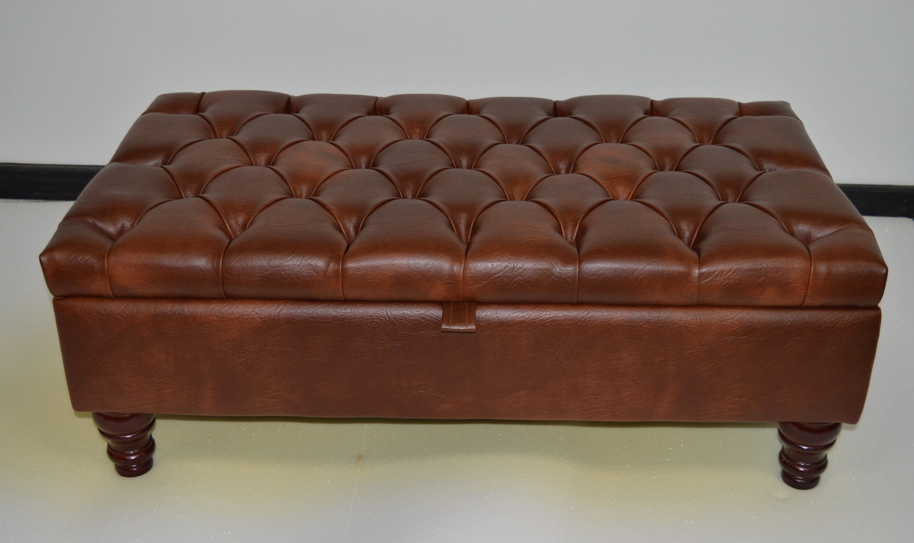Chesterfield Deep Buttoned Footstool With Storage in Premium Chestnut Faux Leather