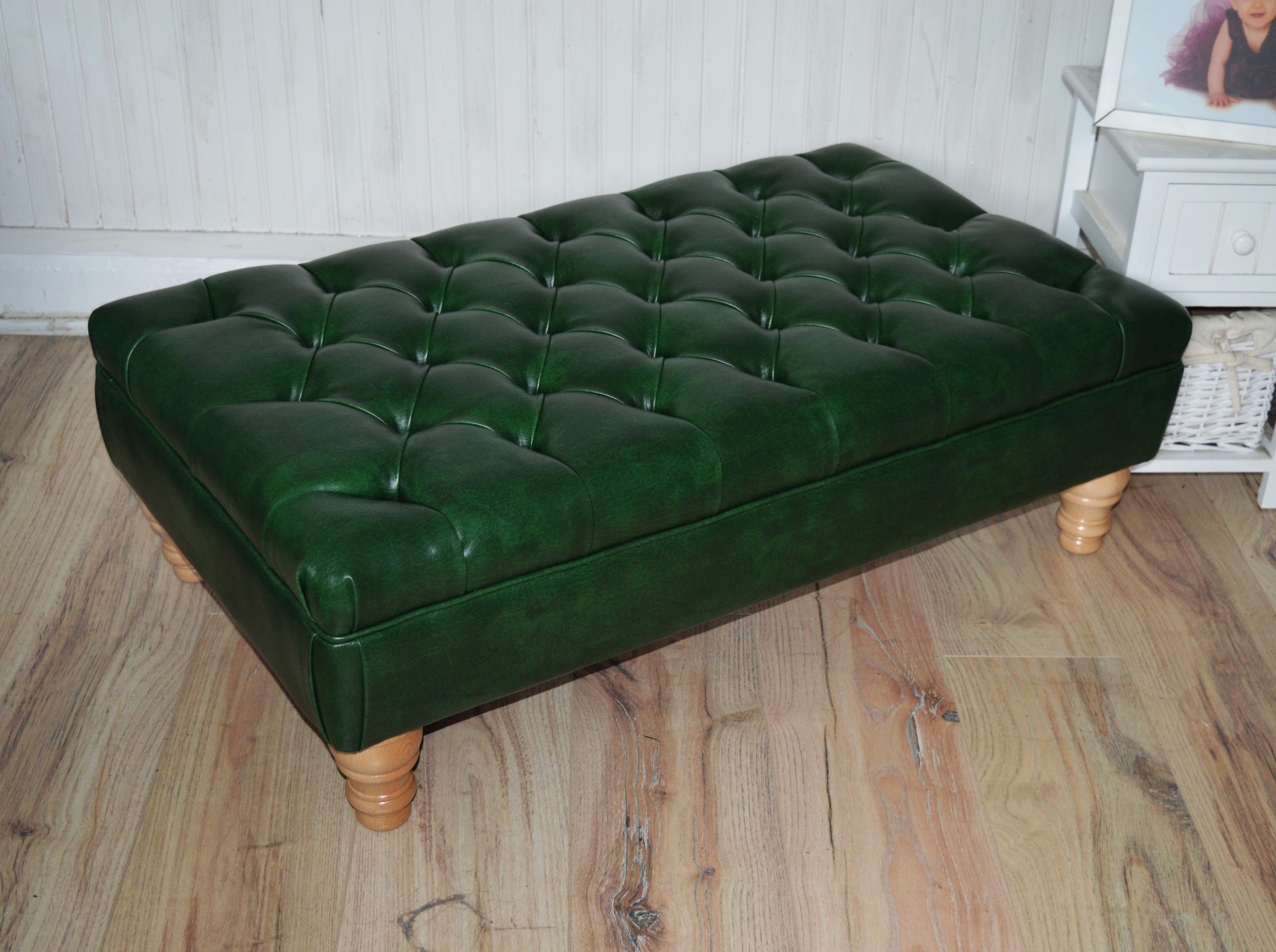 Chesterfield Style Deep Buttoned Footstool in Premium Green Faux Leather With Turned Oak Hardwood Legs