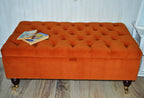 Chesterfield Deep Buttoned Footstool With Storage in Premium Eco Burnt Velvet Fabric With Brass Castor Legs.