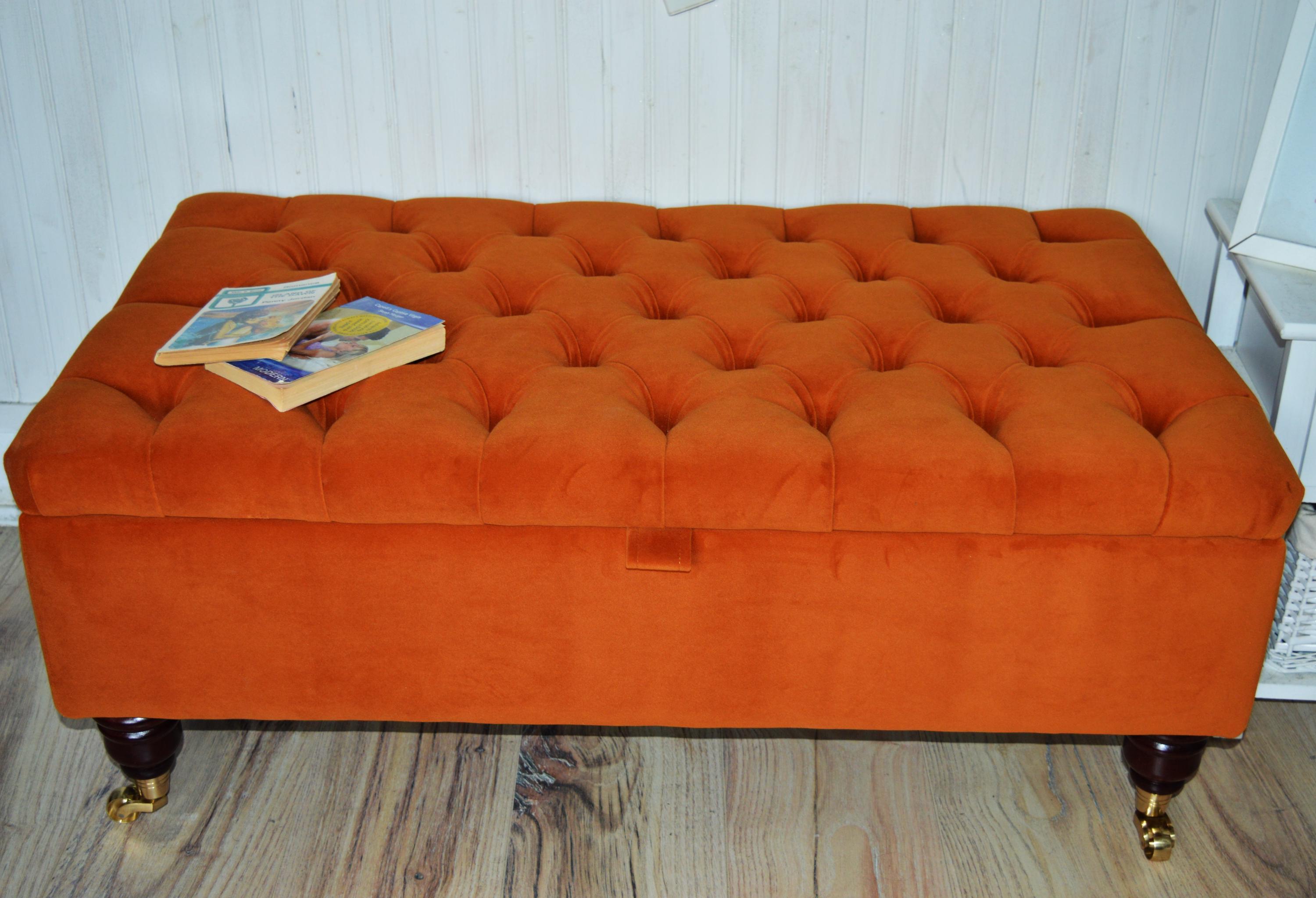 Chesterfield Deep Buttoned Footstool With Storage in Premium Eco Burnt Velvet Fabric With Brass Castor Legs.