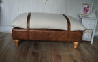 Mayfair Footstool  in Ivory Boucle Fabric And Premium Tan Faux Leather With Natural Oak Legs