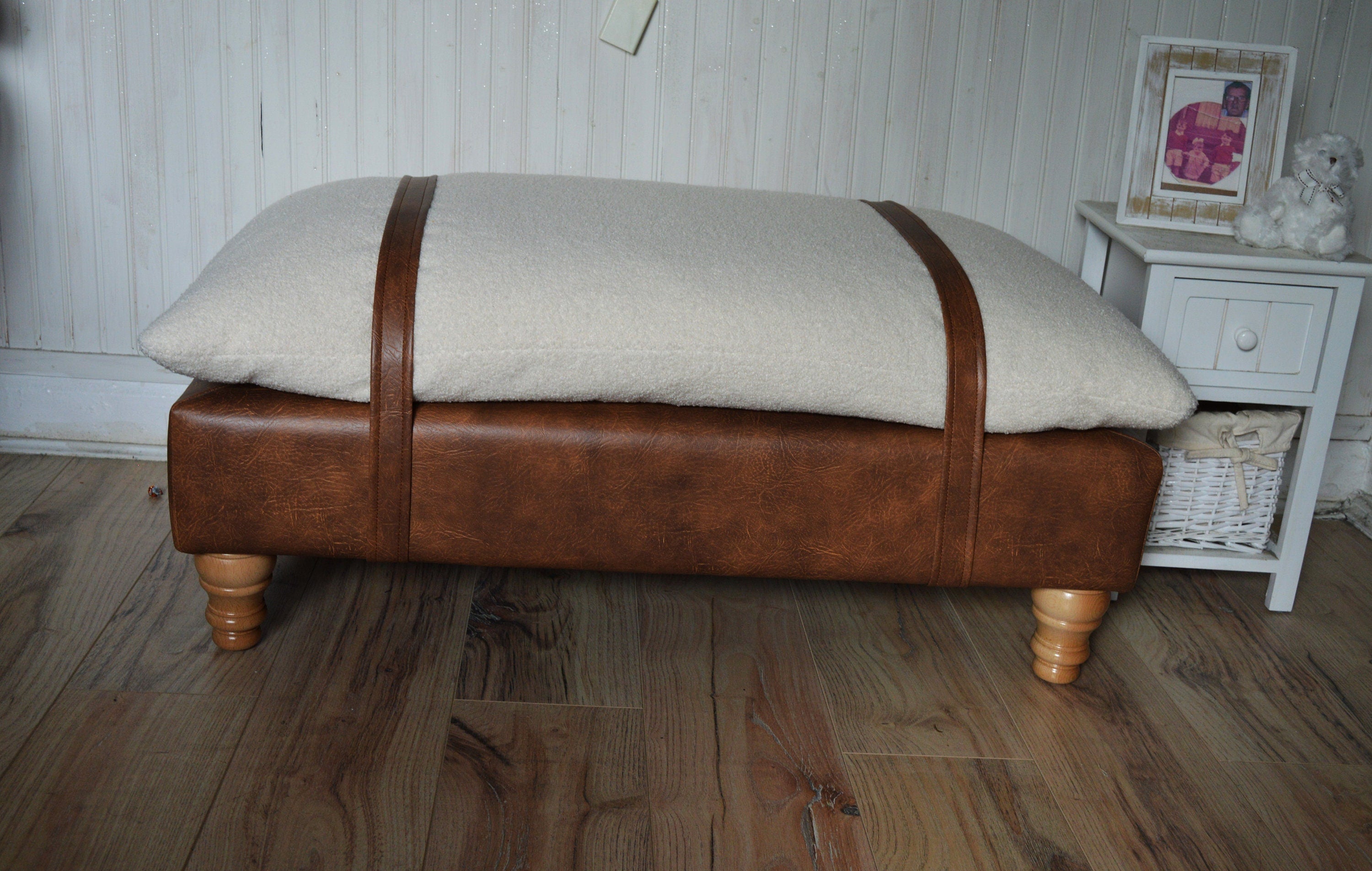 Mayfair Footstool  in Ivory Boucle Fabric And Premium Tan Faux Leather With Natural Oak Legs