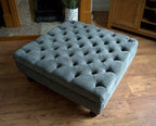 Square Chesterfield Style Deep Buttoned Footstool in Casino Crush Charcoal Grey  Fabric With Turned Hard Wood Legs