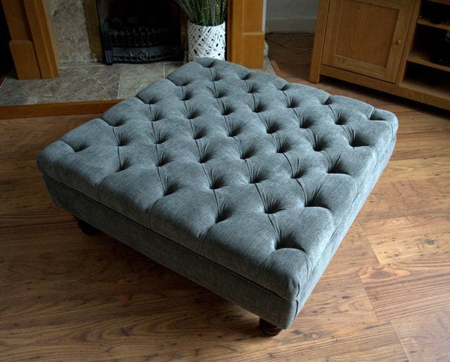 Square Chesterfield Style Deep Buttoned Footstool in Casino Crush Charcoal Grey  Fabric With Turned Hard Wood Legs