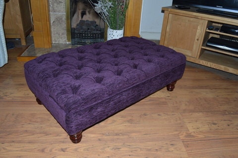 Chesterfield Style Deep Buttoned Footstool in Purple chenille Fabric With Mahogany Legs