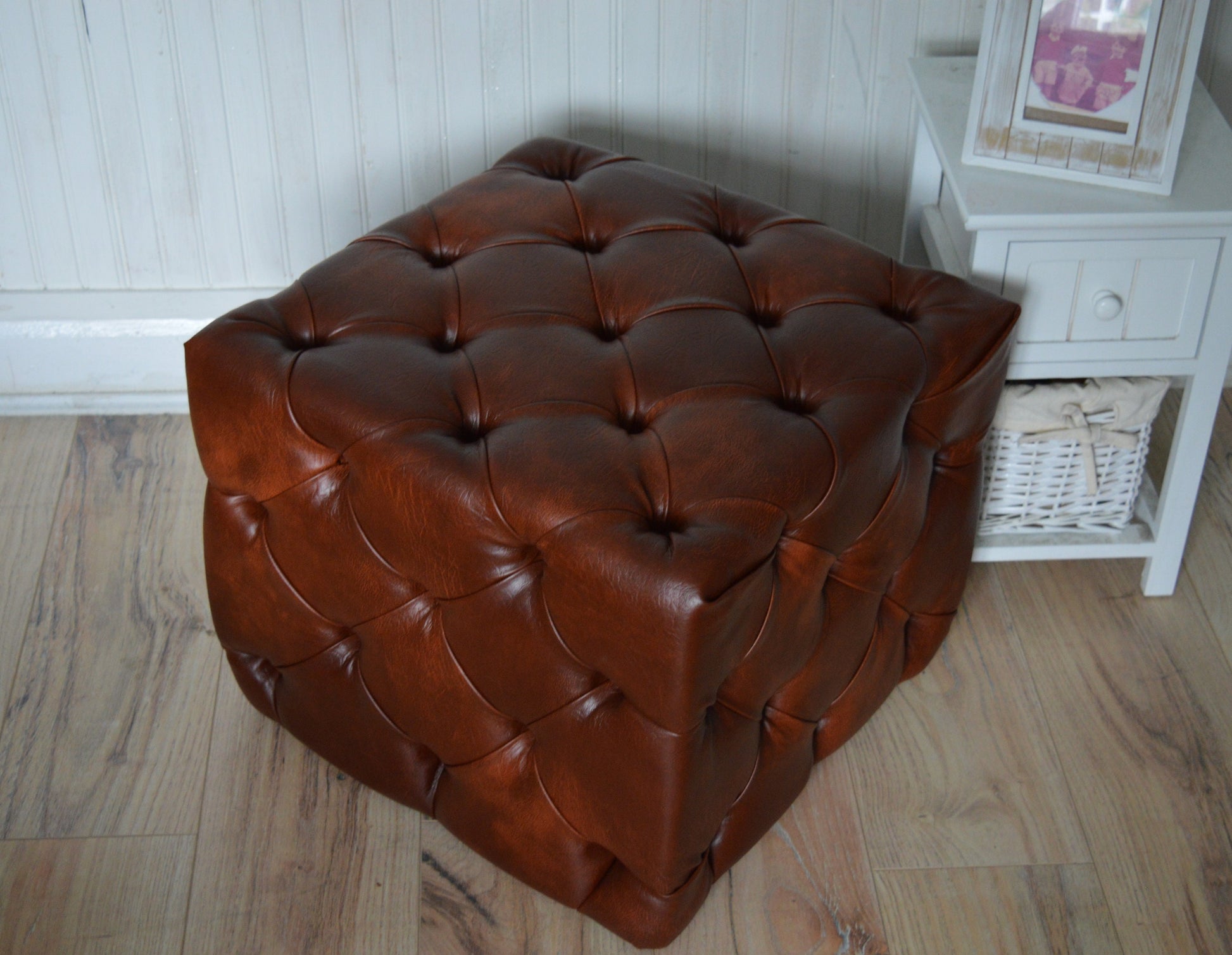 Deep Buttoned All Over Cube Footstool Upholstered In a Premium Chestnut Faux Leather