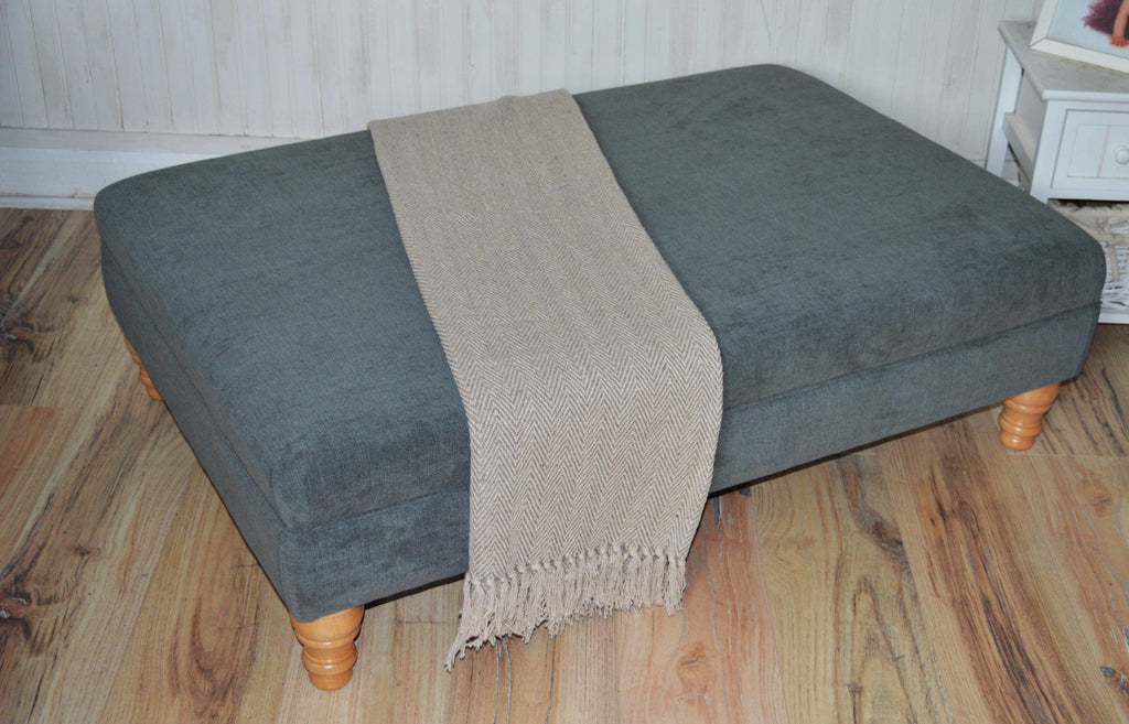 Extra Large Flat Top Footstool With Piping Detail  in Grey Velvet With Oak Turned Hard Wood Legs