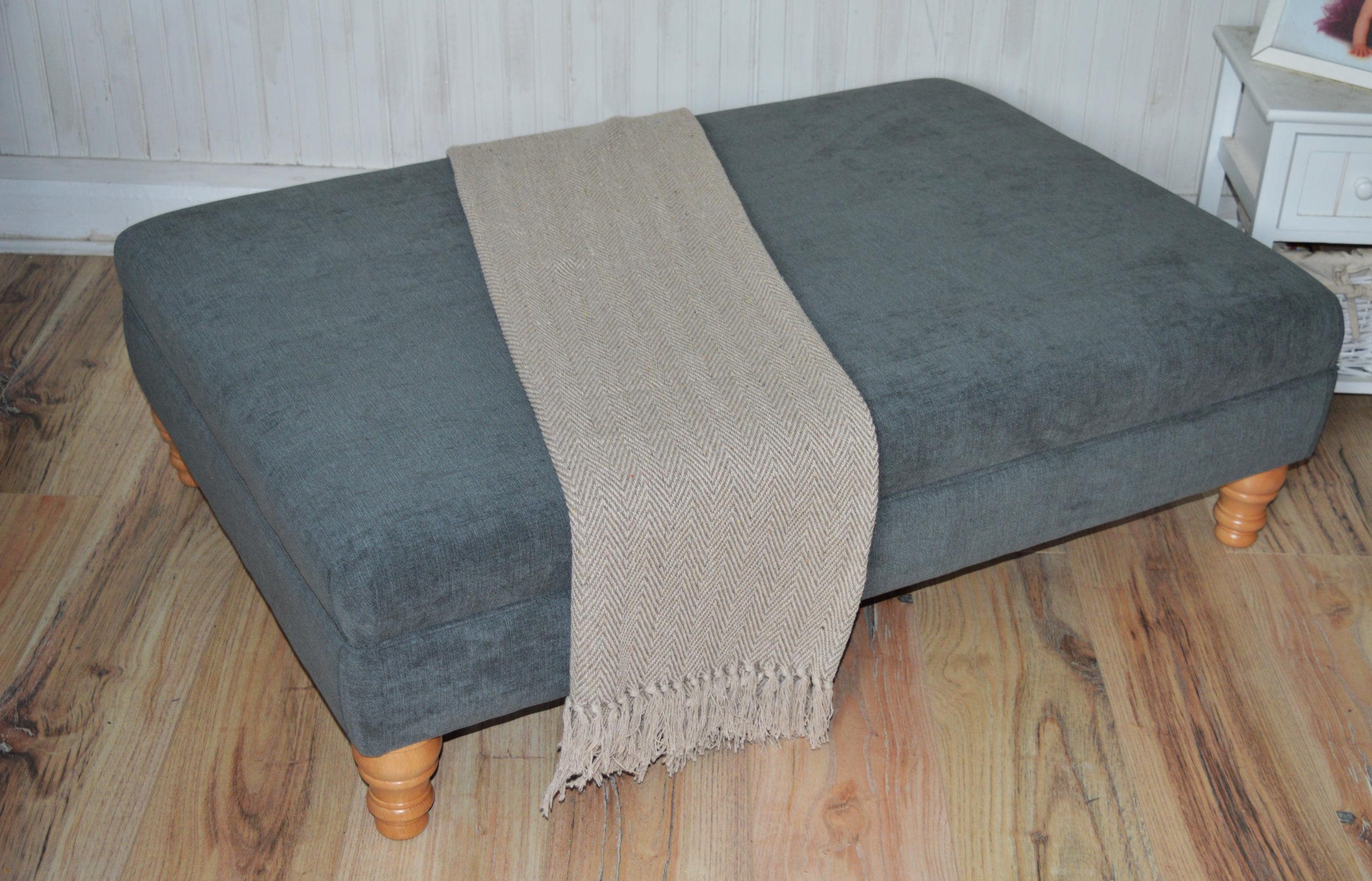 Extra Large Flat Top Footstool With Piping Detail  in Grey Velvet With Oak Turned Hard Wood Legs