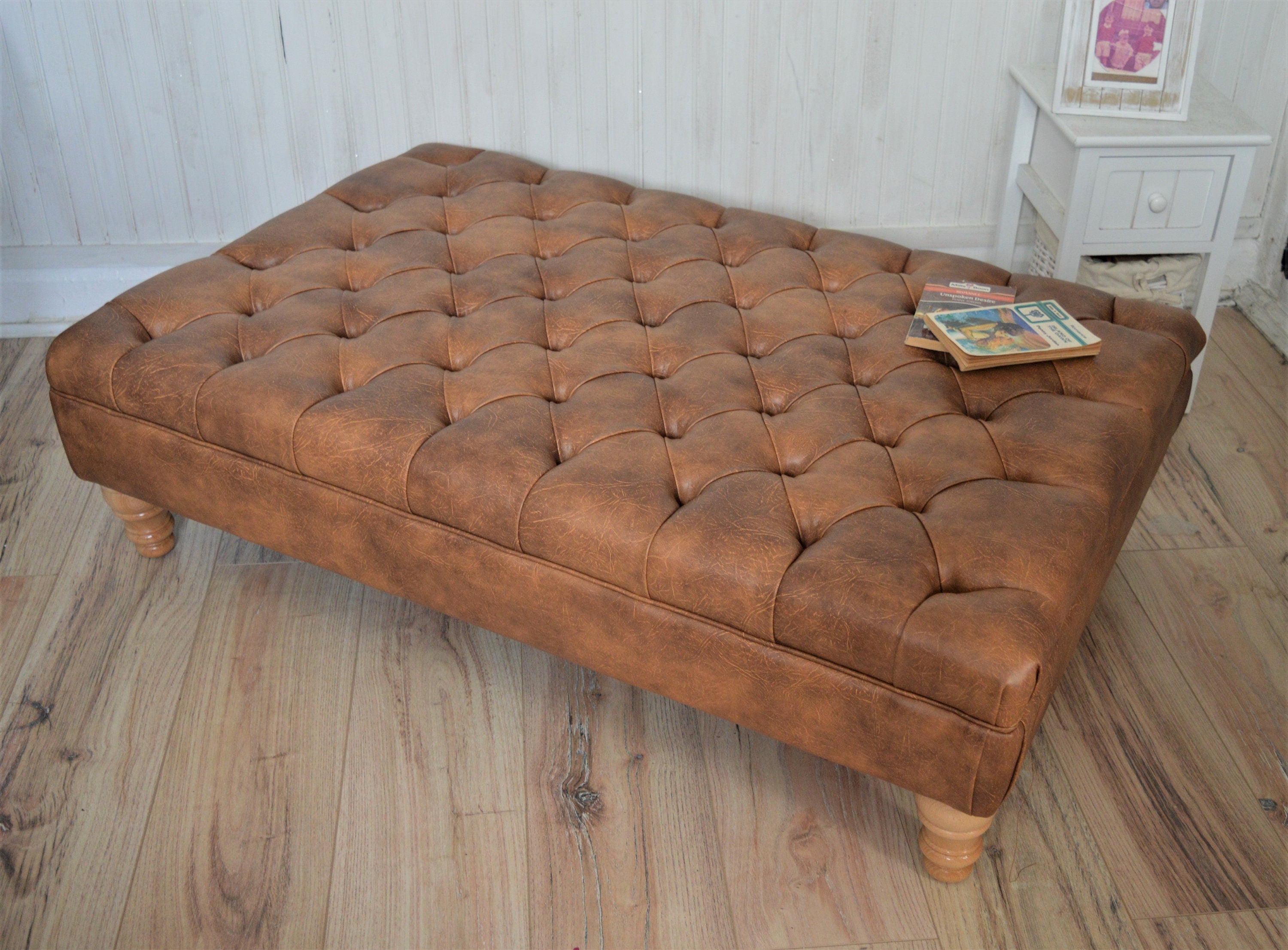 Chesterfield Extra Large Deep Buttoned Footstool in Premium Tan Faux Leather With Oak Turned Hardwood Legs