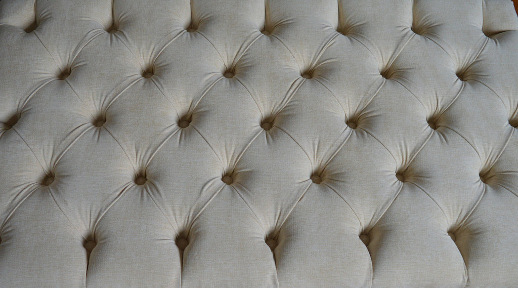 Chesterfield Deep Buttoned Footstool in Casino  Beige Fabric With Turned Mahogany Wood Legs