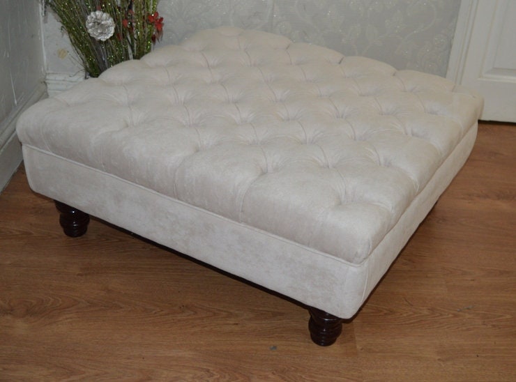Hand Made Square Design Chesterfield  Deep Buttoned Footstool in Casino Crush Ivory  Colour  Fabric With Turned Hard Wood Legs