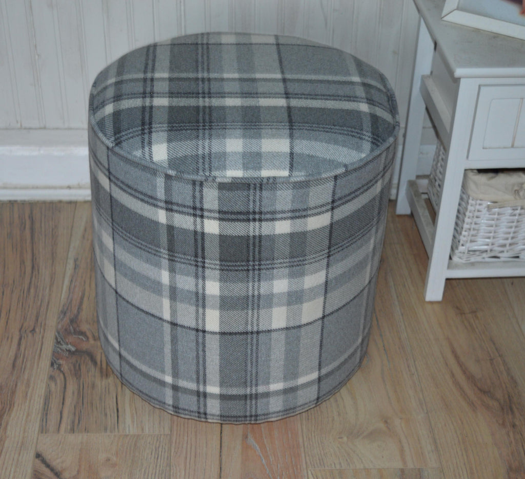 Circular round Drum footstool upholstered in Balmoral Dove Grey Wool Effect Check Fabric