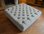 Square Chesterfield Style Deep Buttoned Footstool in Casino Silver Fabric With Turned Hard Wood Legs