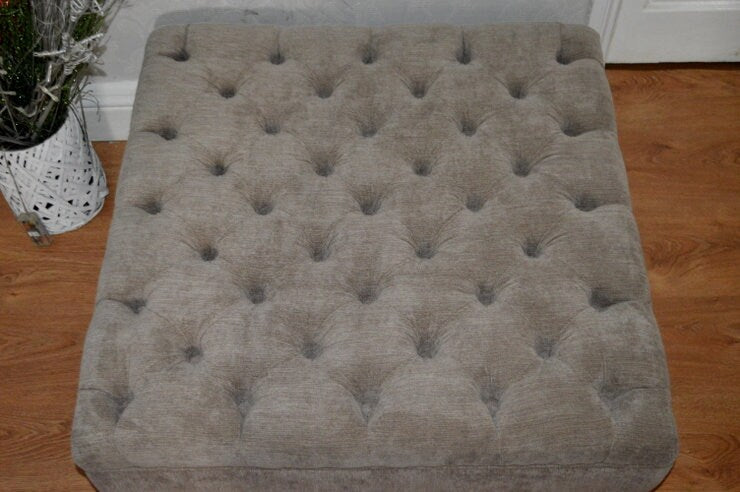 Hand Made Square Design Chesterfield  Deep Buttoned Footstool in Casino Crush Taupe Colour  Fabric With Turned Hard Wood Legs