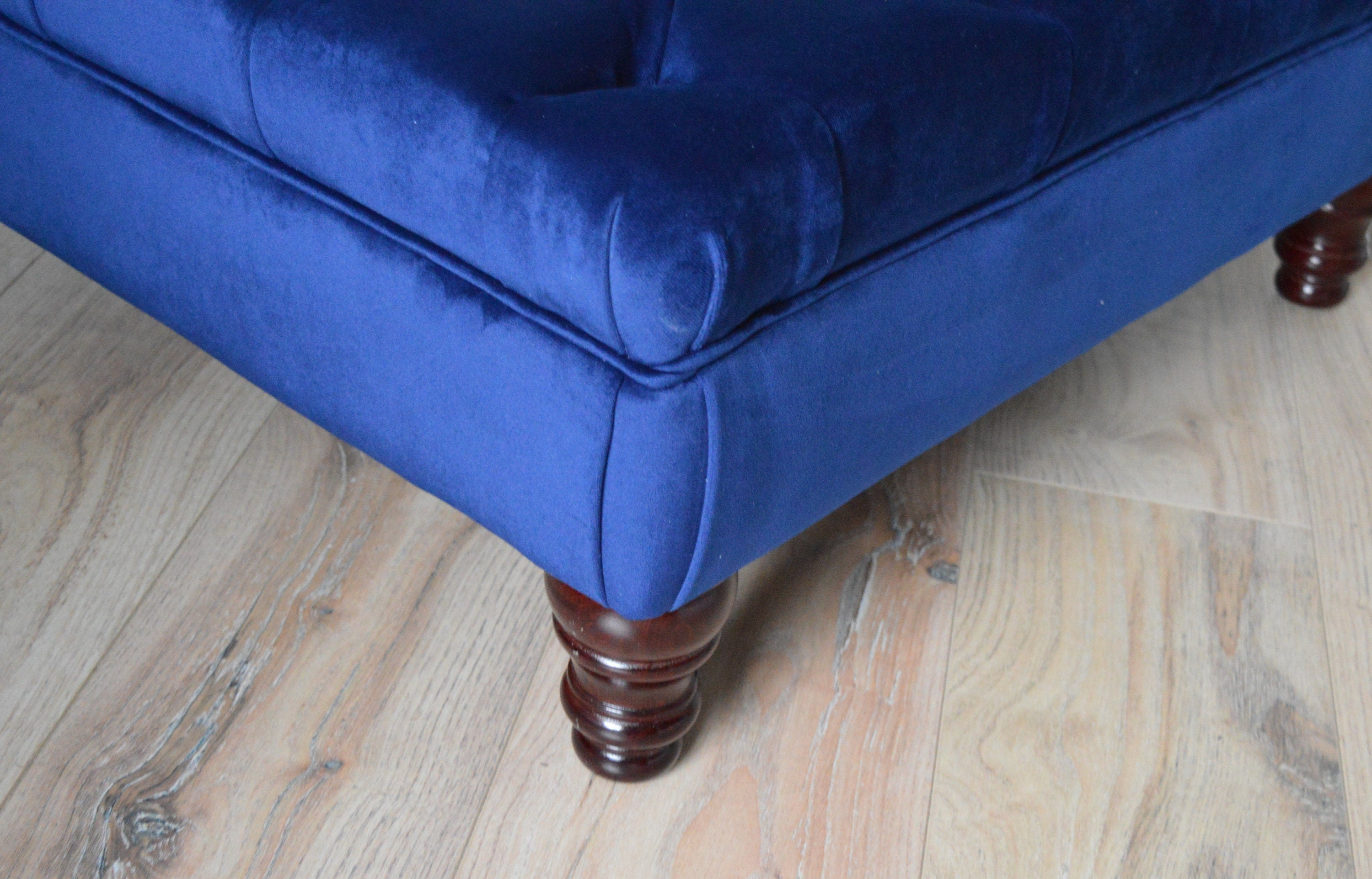 Chesterfield Deep Buttoned Footstool in Navy Blue Velvet With Mahogany Turned Hard Wood Legs