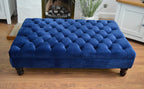 Chesterfield Extra Large Deep Buttoned Footstool in Royal Blue Velvet  With Turned Hardwood Legs