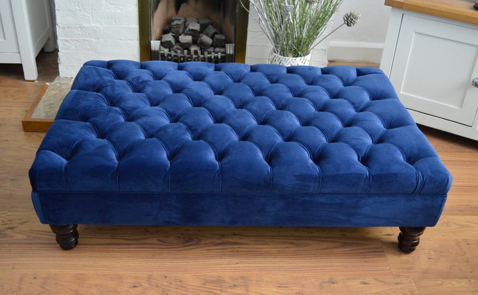 Chesterfield Extra Large Deep Buttoned Footstool in Royal Blue Velvet  With Turned Hardwood Legs