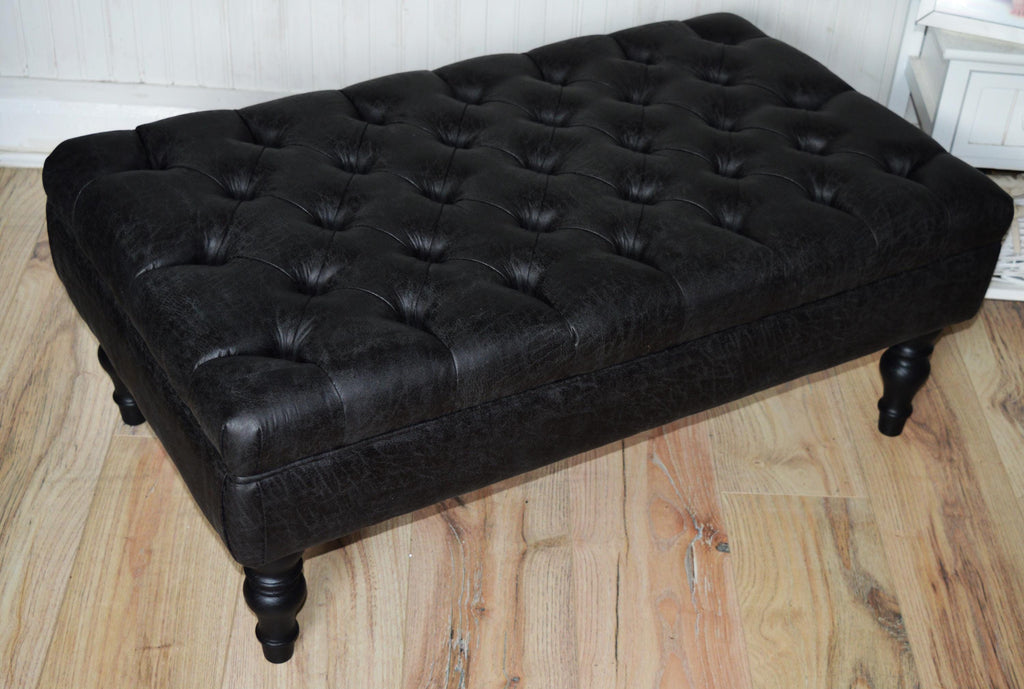 Handmade Antique Black Faux Suede  Chesterfield Footstool  Coffee Table – Footrest – Black Hand Painted Turned Hardwood Legs