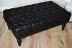 Handmade Antique Black Faux Suede  Chesterfield Footstool  Coffee Table – Footrest – Black Hand Painted Turned Hardwood Legs