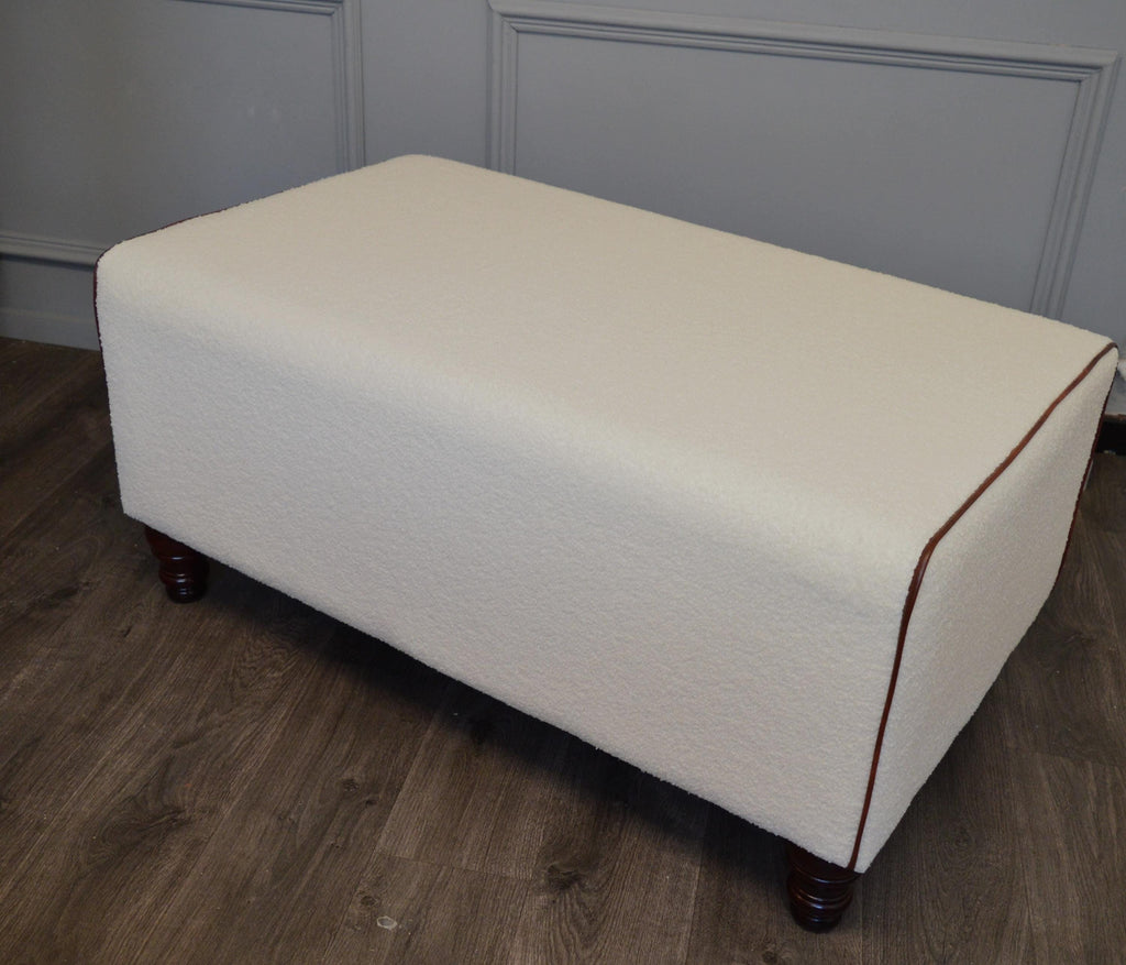 Bench Seating footstool 2str size upholstered in a Boucle Fabric With Chestnut Piping