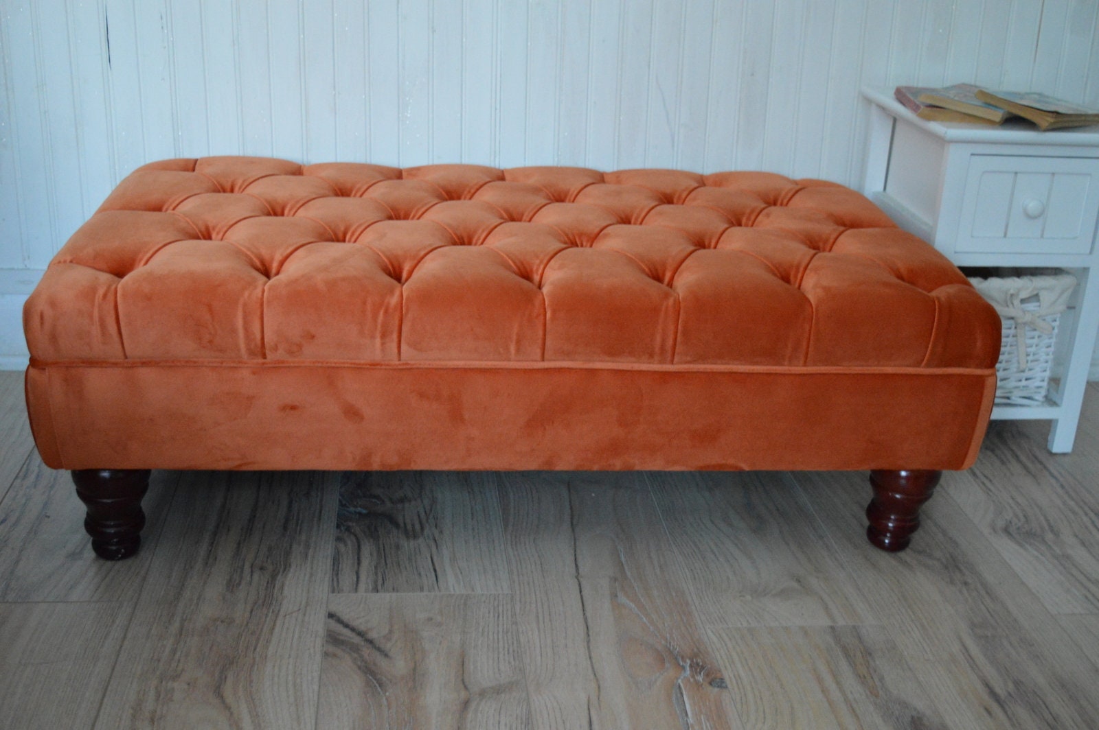 Chesterfield Deep Buttoned Footstool in Orange Velvet With Mahogany Turned Hard Wood Legs
