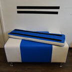 2 Str Size High Seating Bench Footstool American Diner Design With Fix To Wall Back Cushion in Blue and White Faux Leather With Chrome Legs.