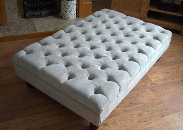 Chesterfield Extra Large Deep Buttoned Footstool in Premium Casino Silver Fabric With Turned Hardwood Legs