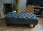 Chesterfield Deep Buttoned Footstool in  Crush Charcoal Fabric With Turned Wood Legs