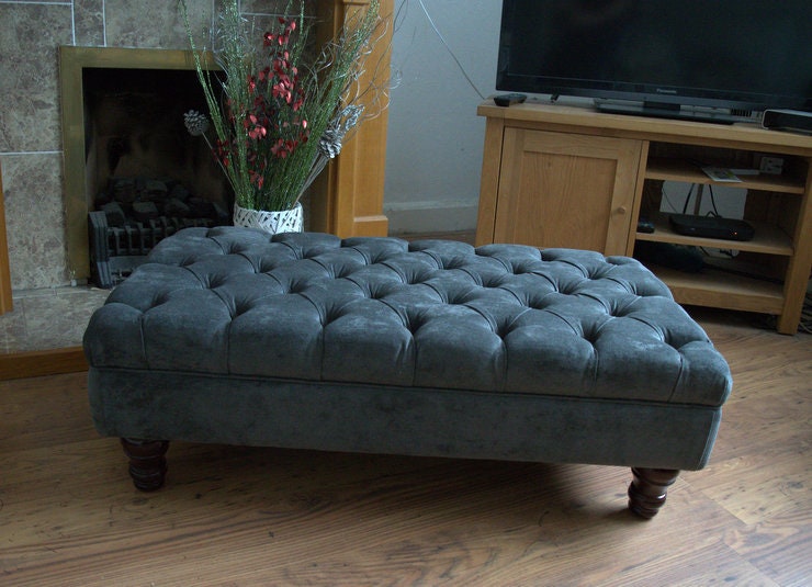 Chesterfield Deep Buttoned Footstool in  Crush Charcoal Fabric With Turned Wood Legs