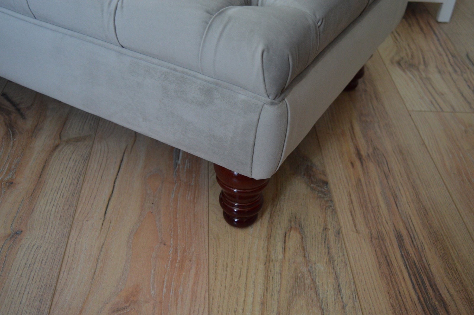 Chesterfield Deep Buttoned Footstool in a Plush Silver Velvet With Mahogany Turned Hard Wood Legs