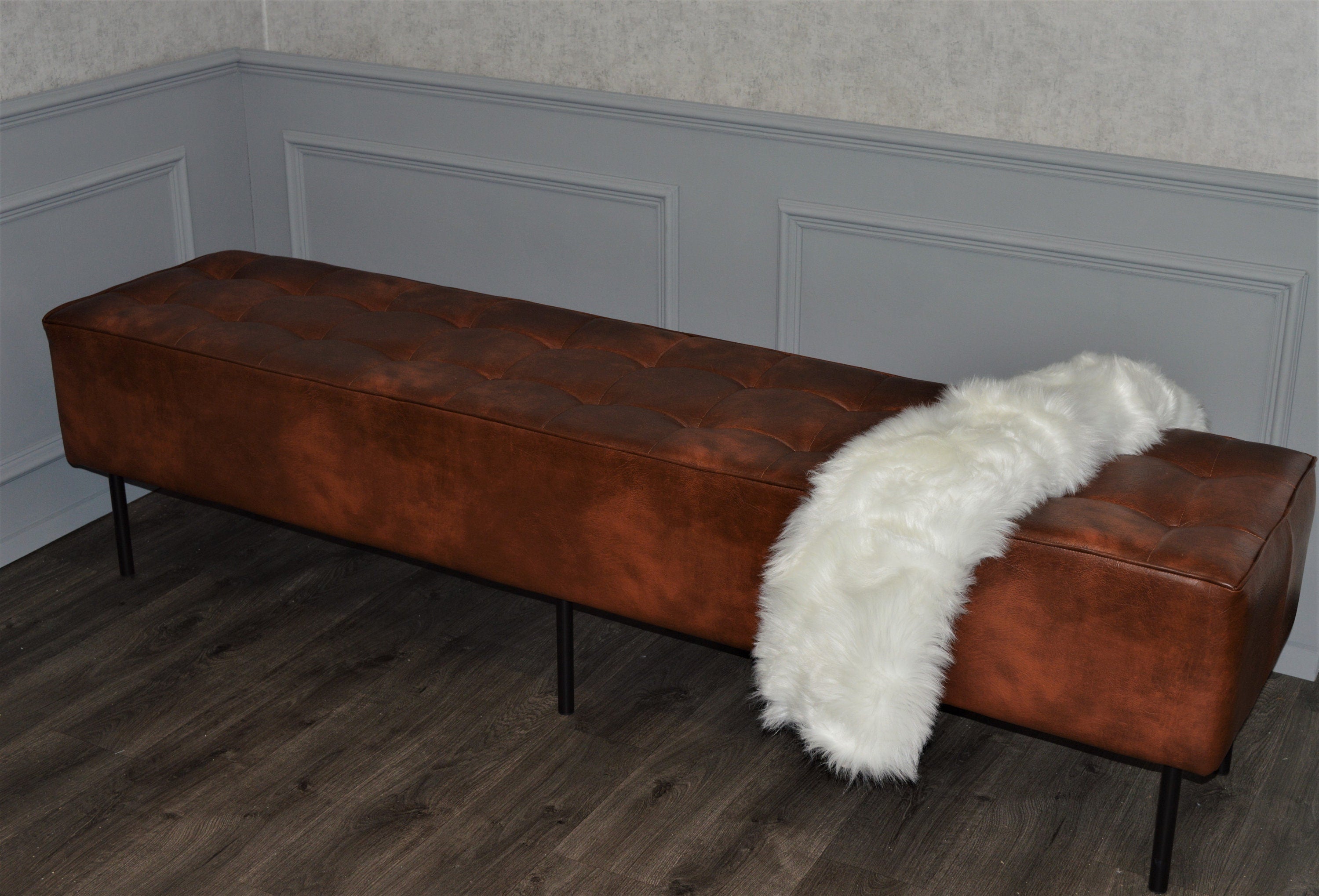 Extra Large 2mtr Bench Seating Style Chesterfield Buttoned Footstool  in Premium Faux Chestnut Leather With metal Legs