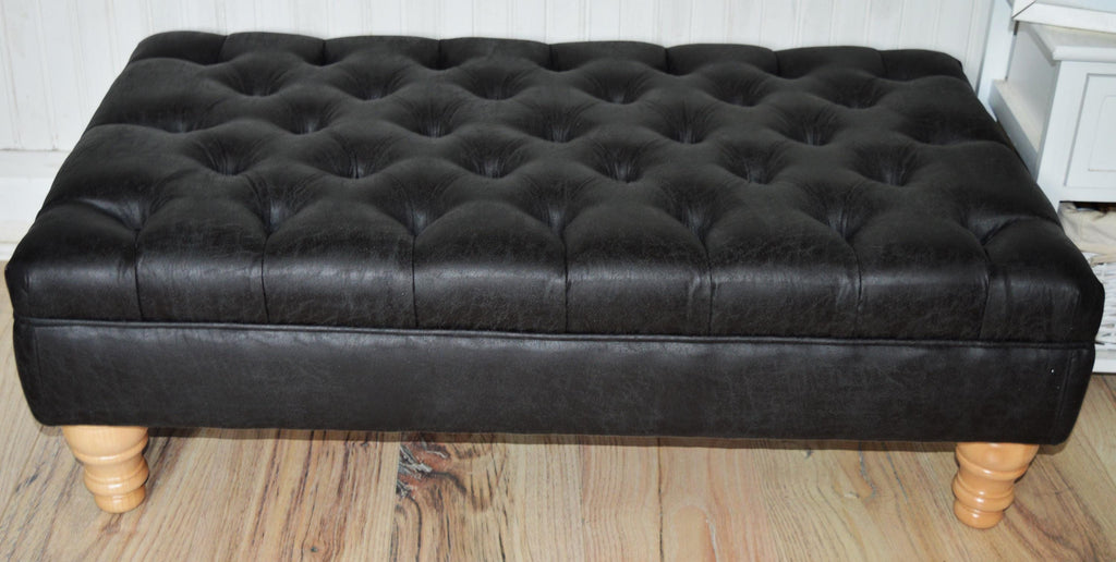 Handmade Antique Black Faux Suede  Chesterfield Footstool  Coffee Table – Footrest – Oak Turned Hardwood Legs