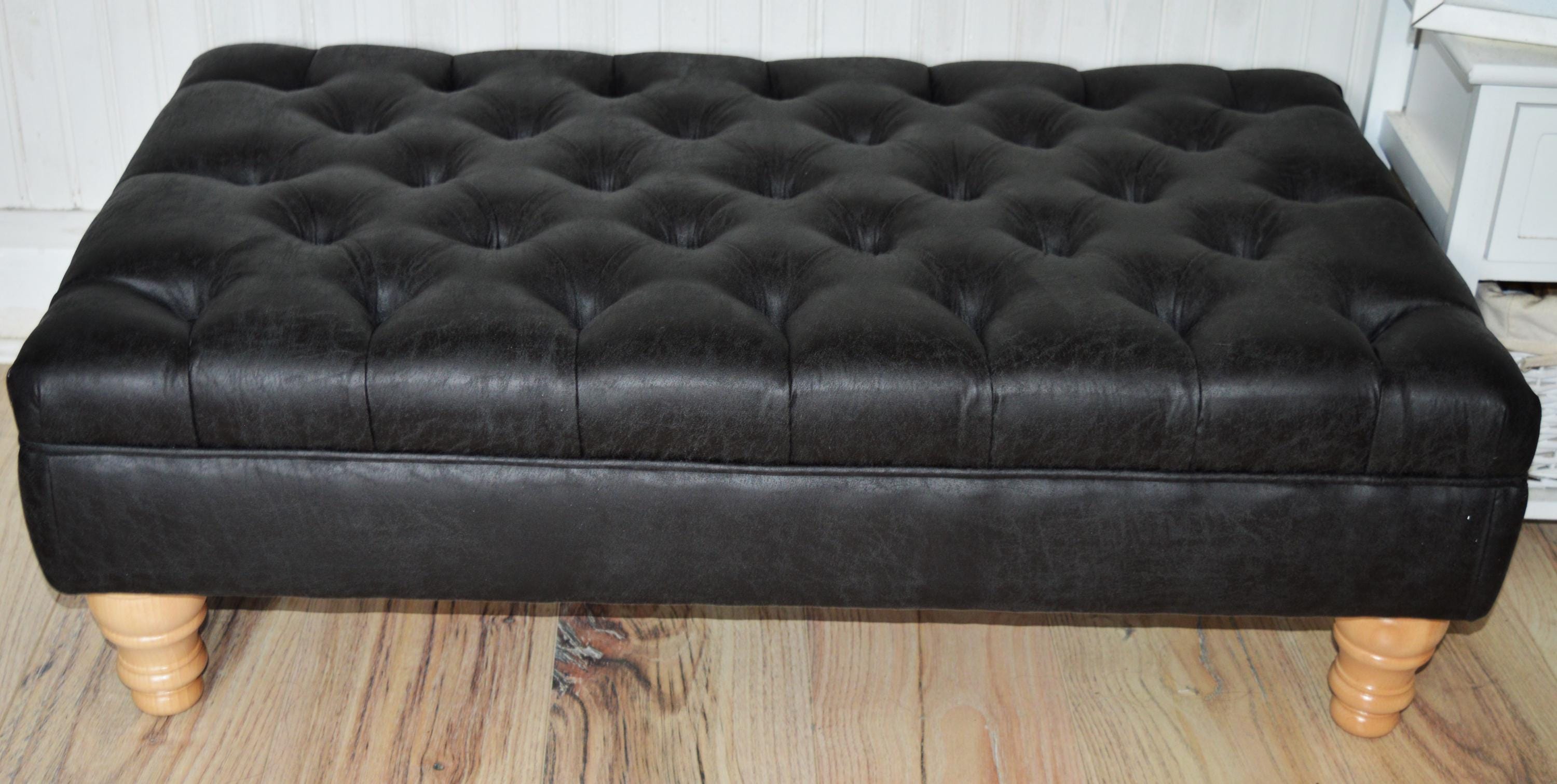 Handmade Antique Black Faux Suede  Chesterfield Footstool  Coffee Table – Footrest – Oak Turned Hardwood Legs