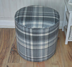 Circular round Drum footstool upholstered in Balmoral Dove Grey Wool Effect Check Fabric