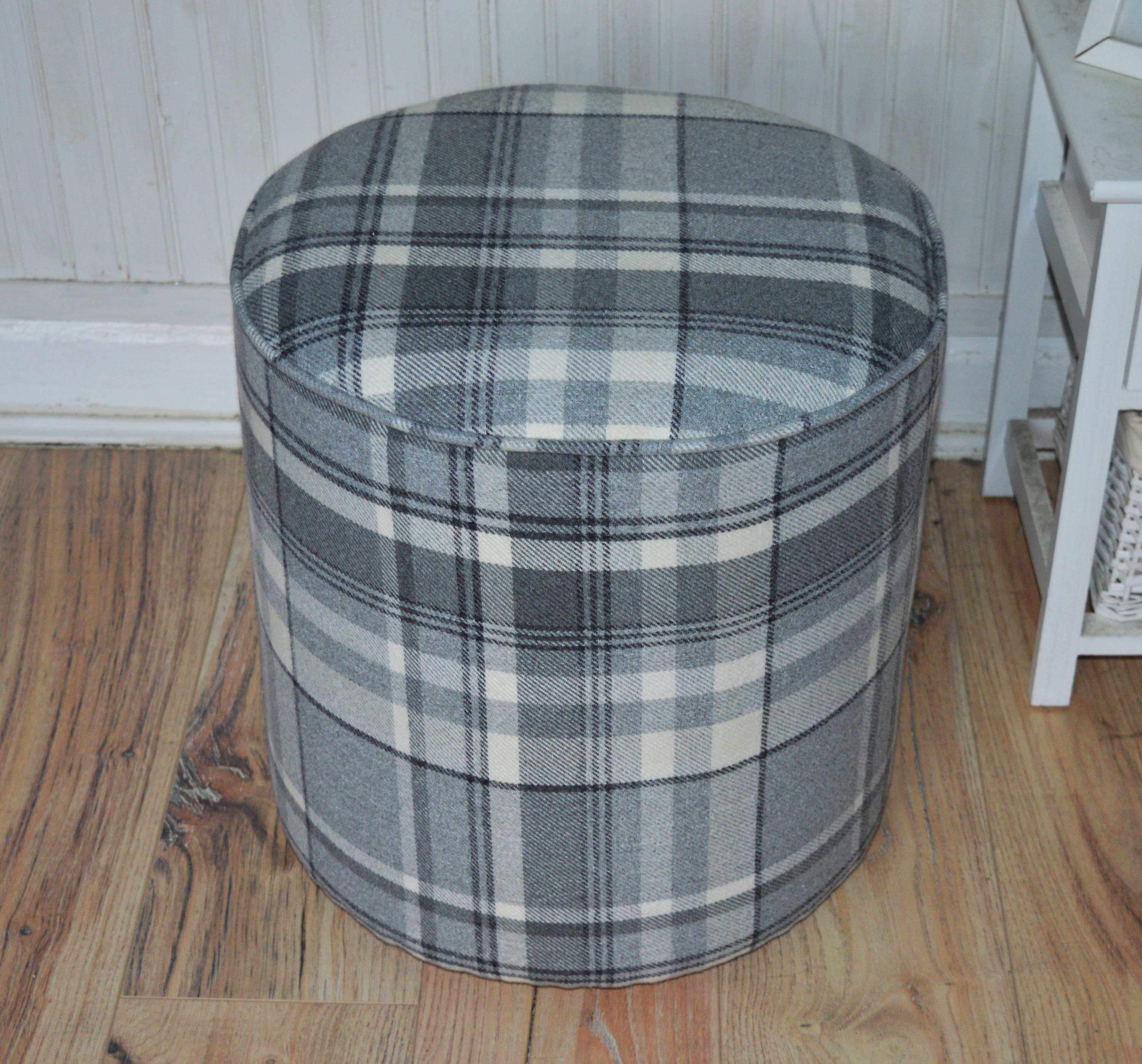 Circular round Drum footstool upholstered in Balmoral Dove Grey Wool Effect Check Fabric