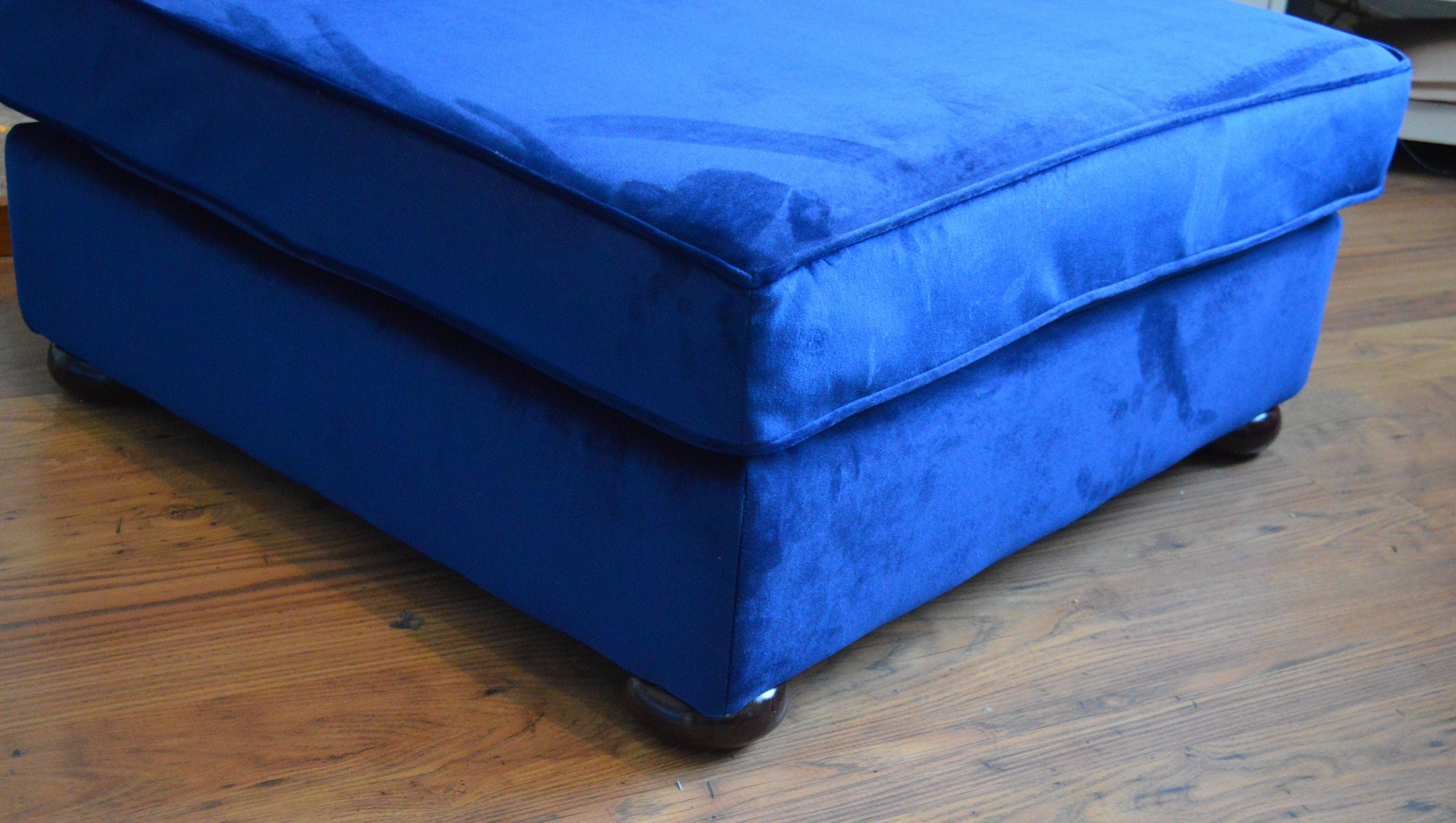 Square Fixed Top Cushion Footstool in Blue Velvet  Fabric With Mahogany Turned Hardwood Legs