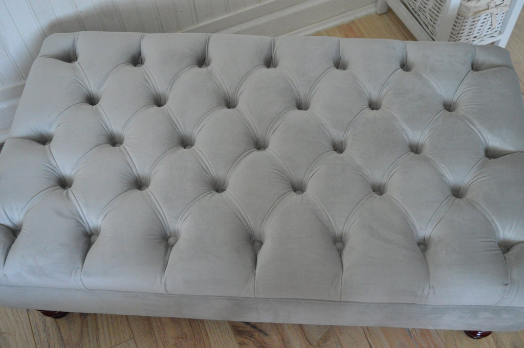 Chesterfield Deep Buttoned Footstool in a Plush Silver Velvet With Mahogany Turned Hard Wood Legs