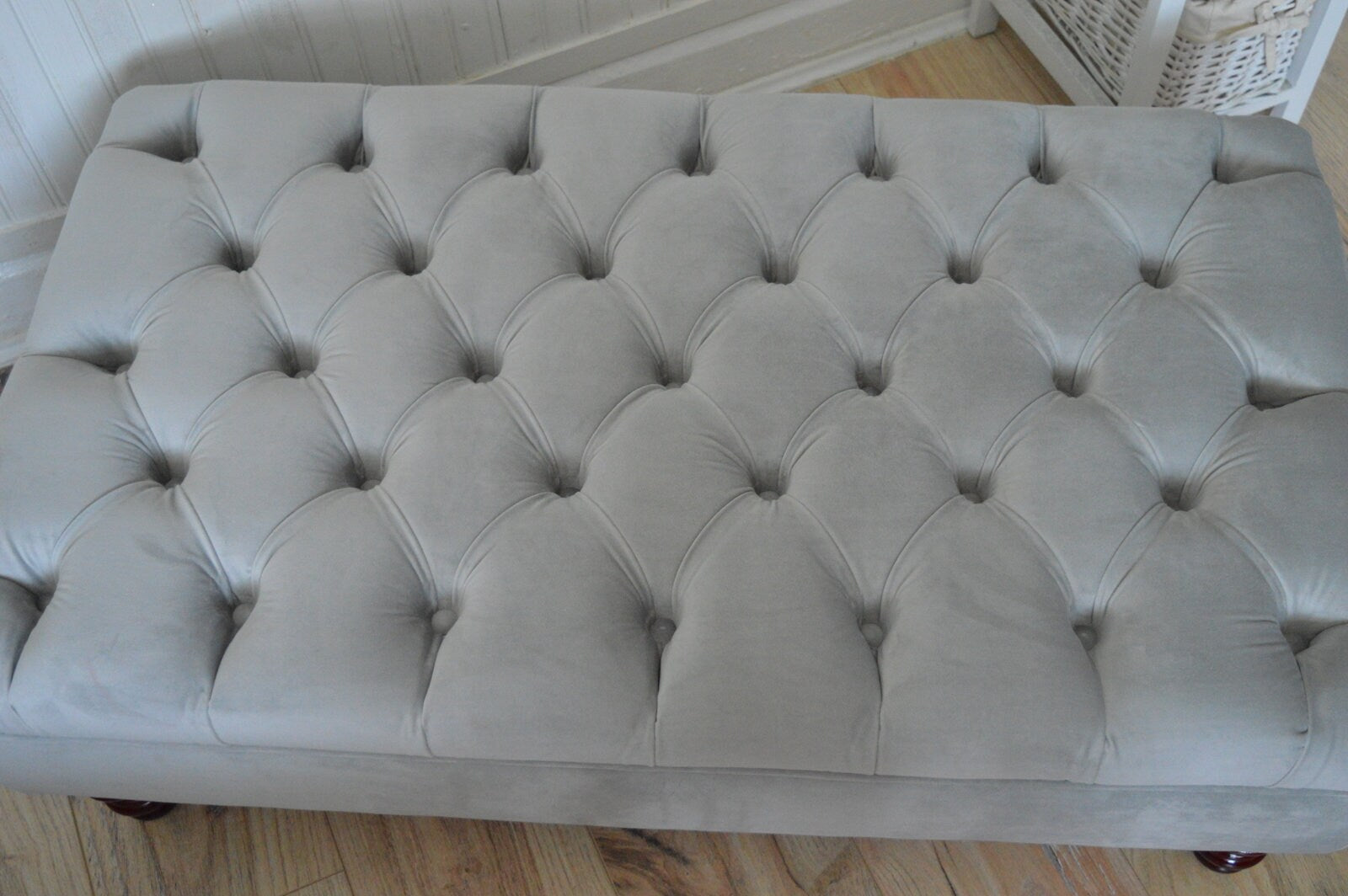 Chesterfield Deep Buttoned Footstool in a Plush Silver Velvet With Mahogany Turned Hard Wood Legs