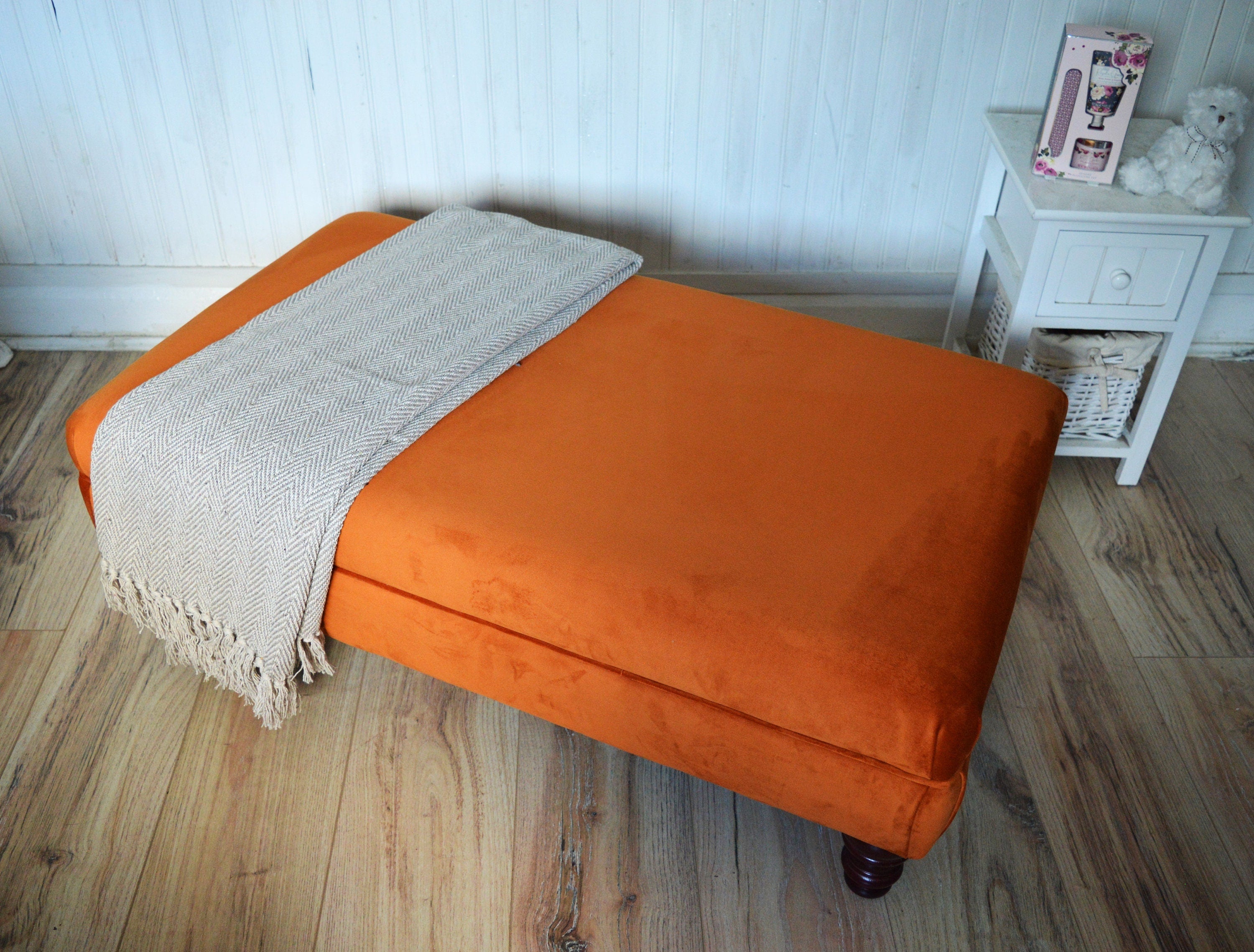 Flat Top Footstool With Piping Trim in Burnt Orange Velvet With Mahogany Turned Hard Wood Legs