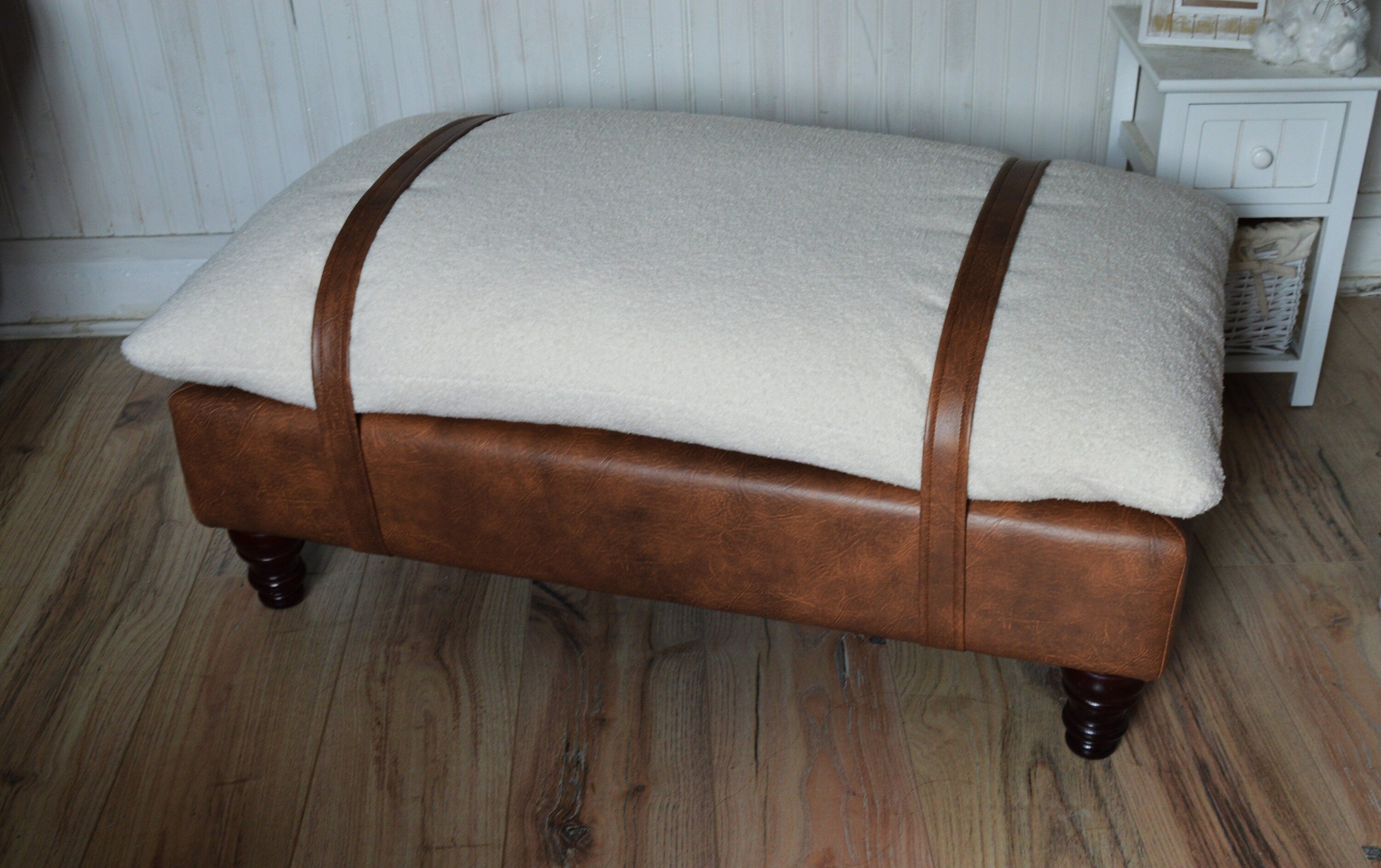 Mayfair Footstool  Seating Bench in Ivory Boucle Fabric And Premium Tan Faux Leather With Turned Mahogany Hardwood Legs.