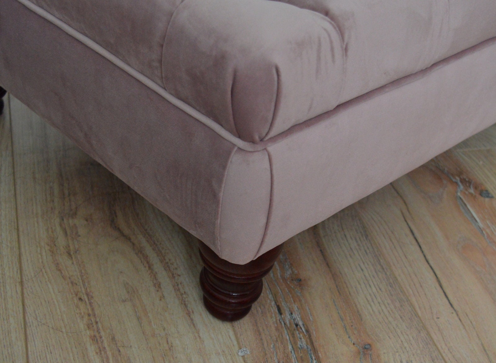 Chesterfield Deep Buttoned Footstool in Blush Pink Velvet With Mahogany Turned Hard Wood Legs
