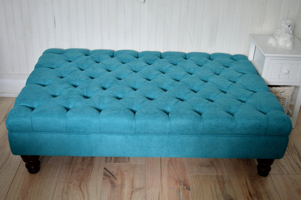 Chesterfield Extra Large Deep Buttoned Footstool in Rachael Teal With Turned Hardwood Legs