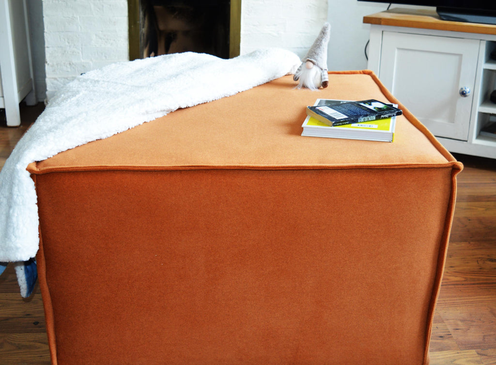 Extra Large Cube Design Footstool With Hemmed Trim in Burnt Orange Velvet Fabric