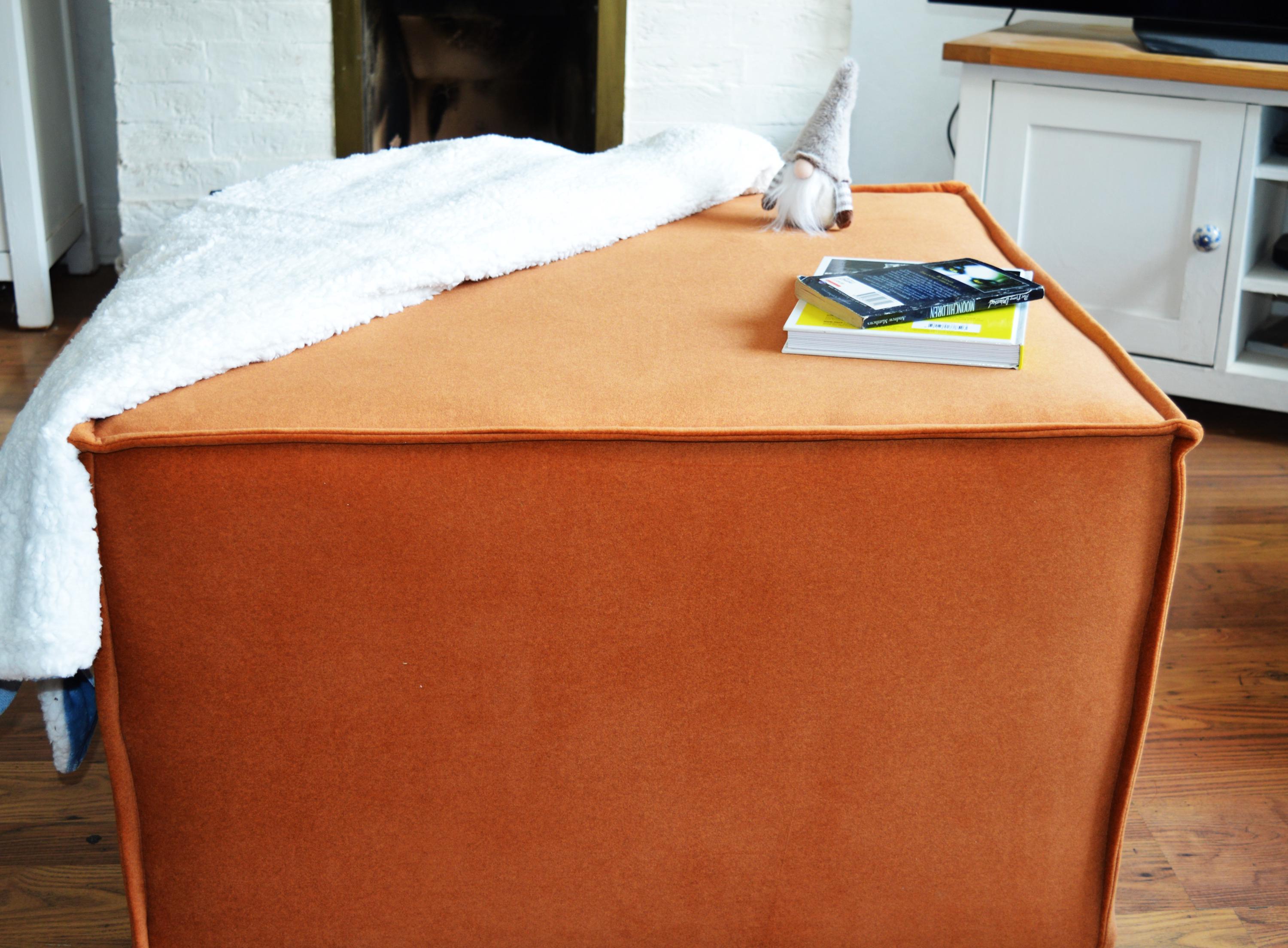 Extra Large Cube Design Footstool With Hemmed Trim in Burnt Orange Velvet Fabric