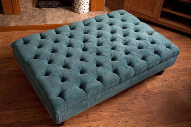Chesterfield Extra Large Deep Buttoned Footstool in Premium Casino Teal Fabric With Turned Hardwood Legs